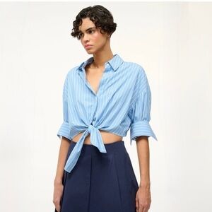NWOT STAUD Lisa Top Azure Pinstripe Cropped Button Down Top Size XS